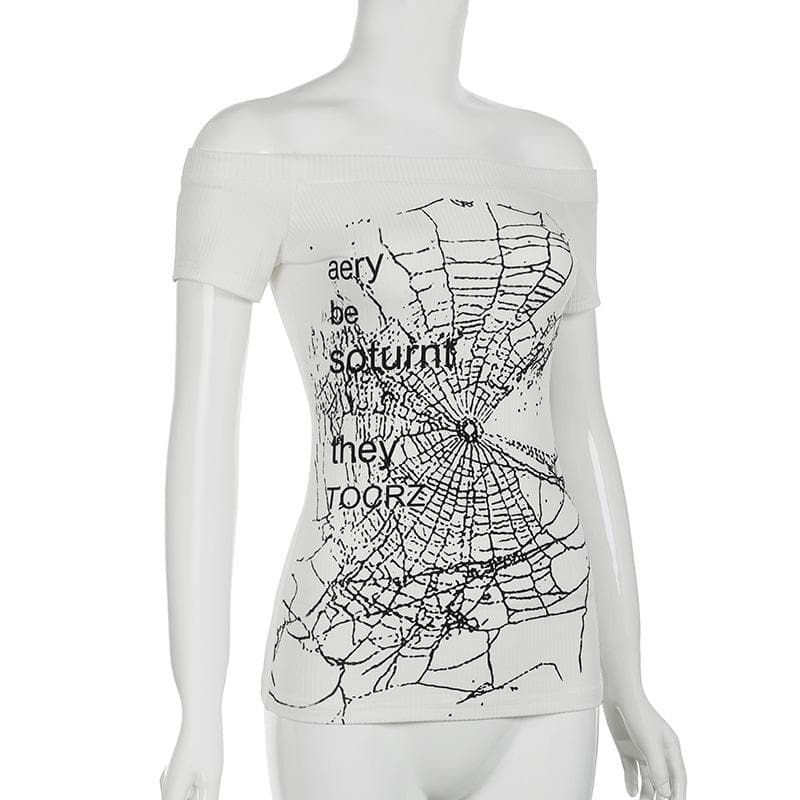 Haunted Web Off-Shoulder Ribbed Top | Edgy Fall Fashion & Halloween Ready