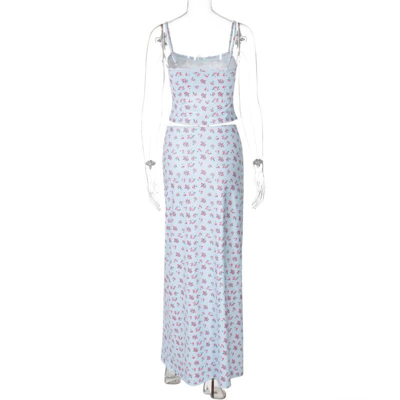 Autumn Bloom Ditsy Floral Cami & Maxi Skirt Set - Chic 2-Piece Y2K Outfit for Effortless Style