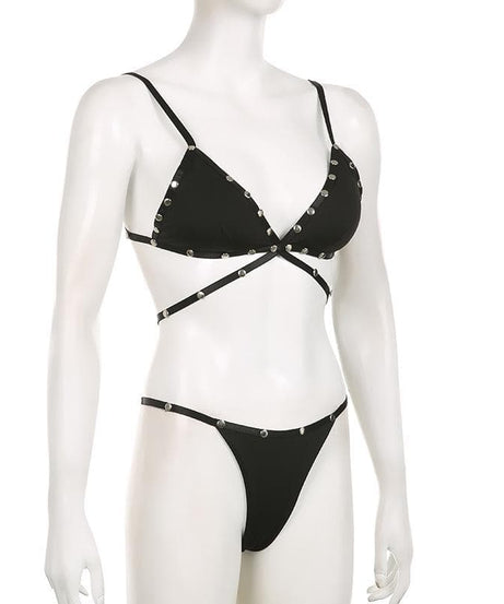 Rebel Chic Studded Strap Bralette & Thong Set - Edgy Fall Fashion & Halloween Ready