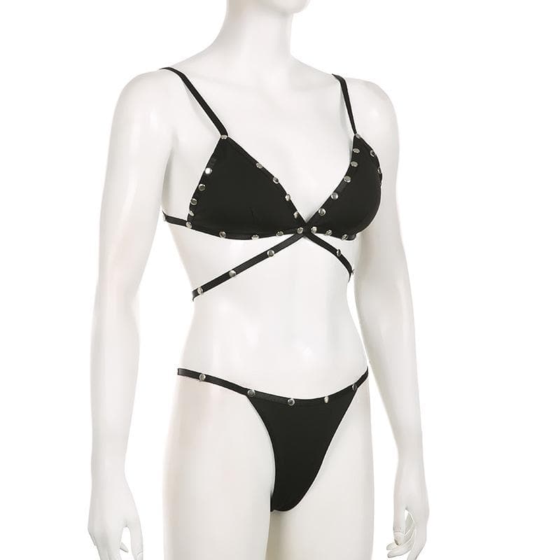 Rebel Chic Studded Strap Bralette & Thong Set - Edgy Fall Fashion & Halloween Ready