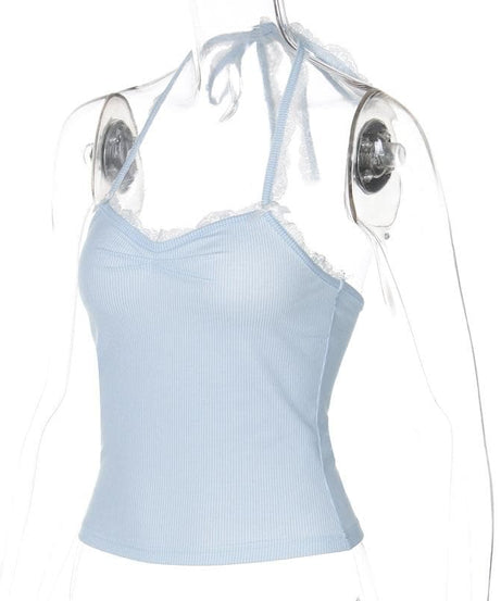 Sky Blue Ribbed Halter Top | Sweet Lace Trim & Adjustable Tie-Neck for Women