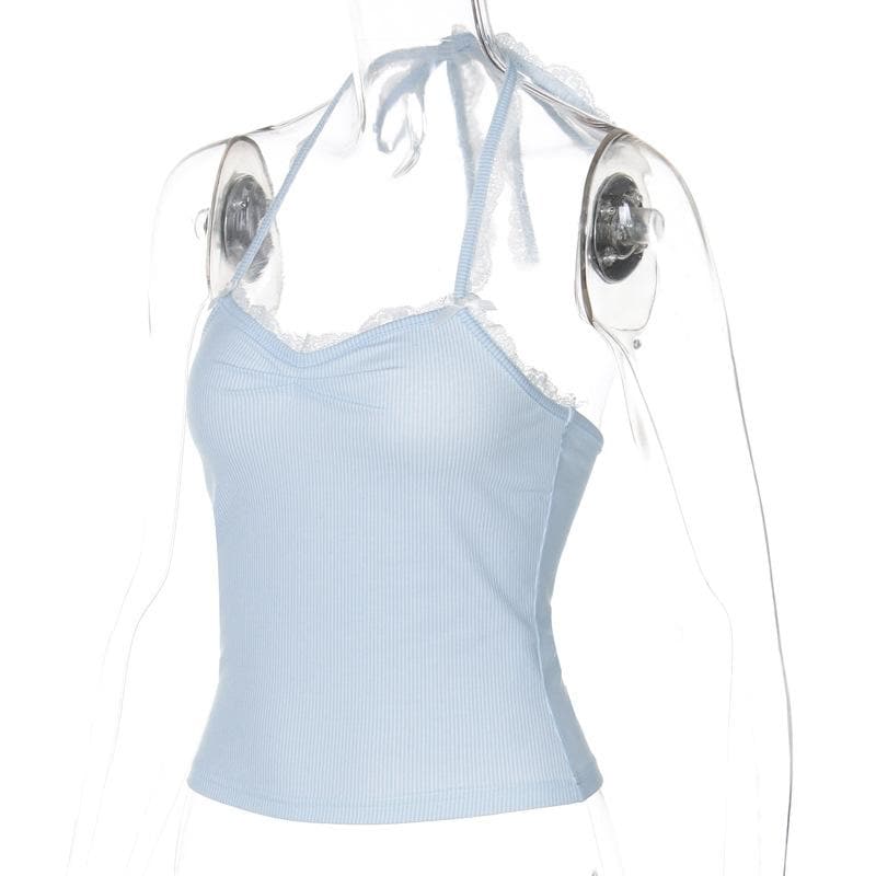 Sky Blue Ribbed Halter Top | Sweet Lace Trim & Adjustable Tie-Neck for Women
