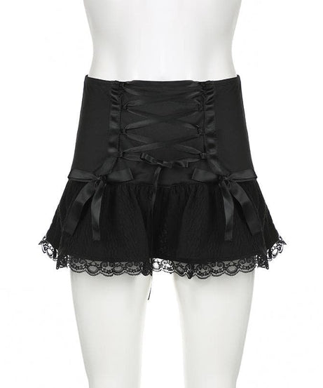 Edgy Chic: Black Low-Rise Lace-Up Mini Skirt | Gothic Bows & Lace Hem for Fall & Halloween
