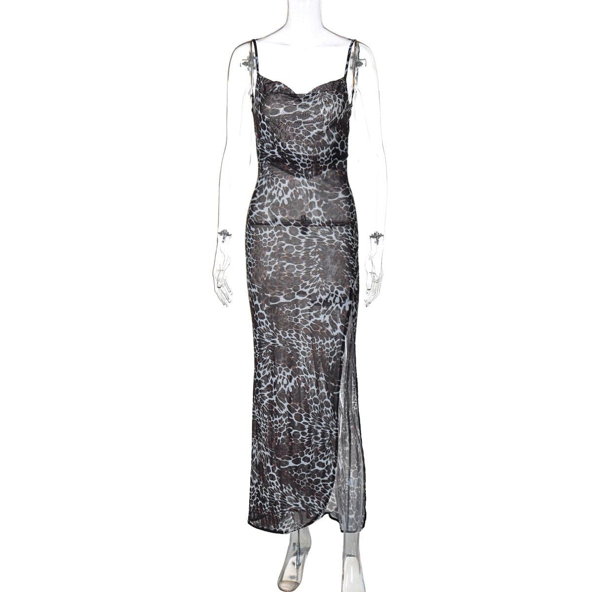 Slinky Leopard Print Cowl Neck Maxi Dress with High Slit - Fall & Holiday Glam