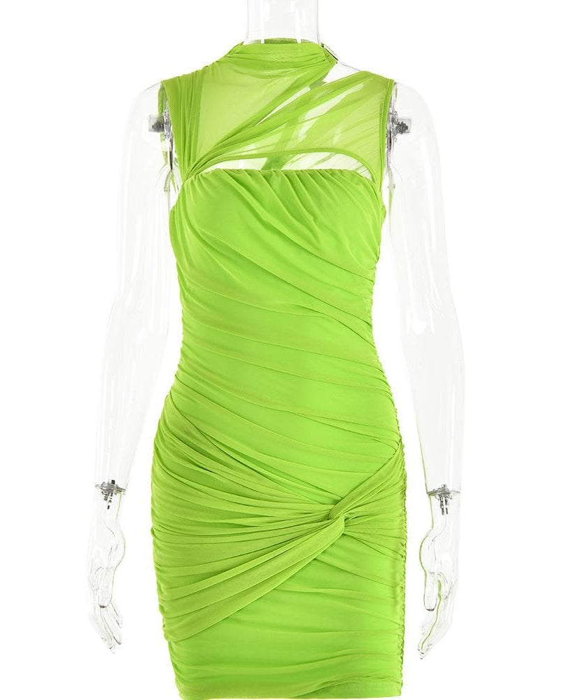 Electric Lime Ruched Mini Dress | Mesh Cutout Bodycon for Fall Parties