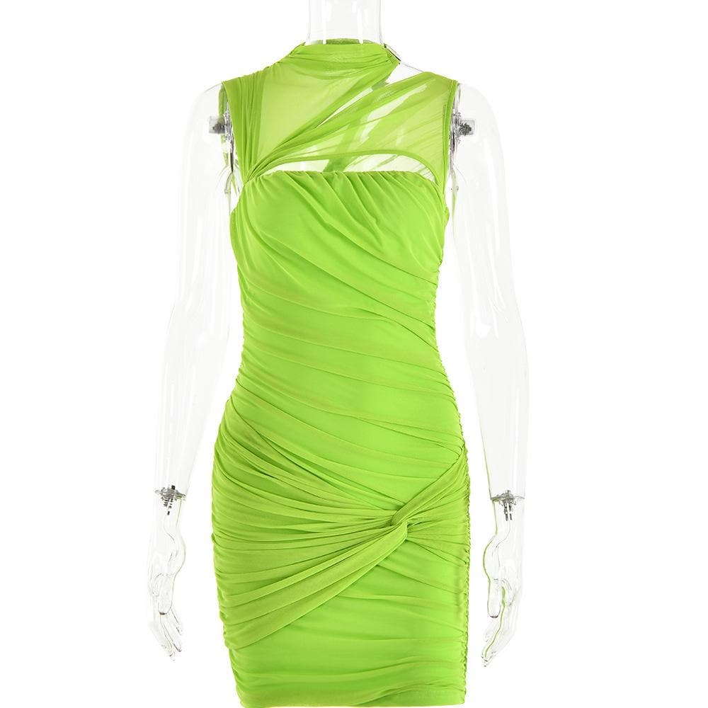 Electric Lime Ruched Mini Dress | Mesh Cutout Bodycon for Fall Parties