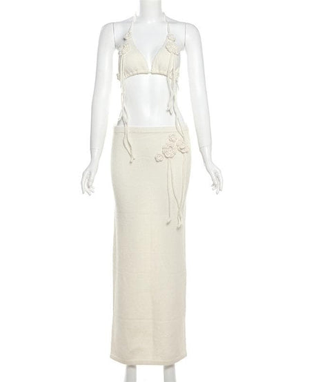 Boho Bloom Knit Halter Crop Top & Maxi Skirt Set - Cream Floral Two-Piece for Fall & Winter Getaways