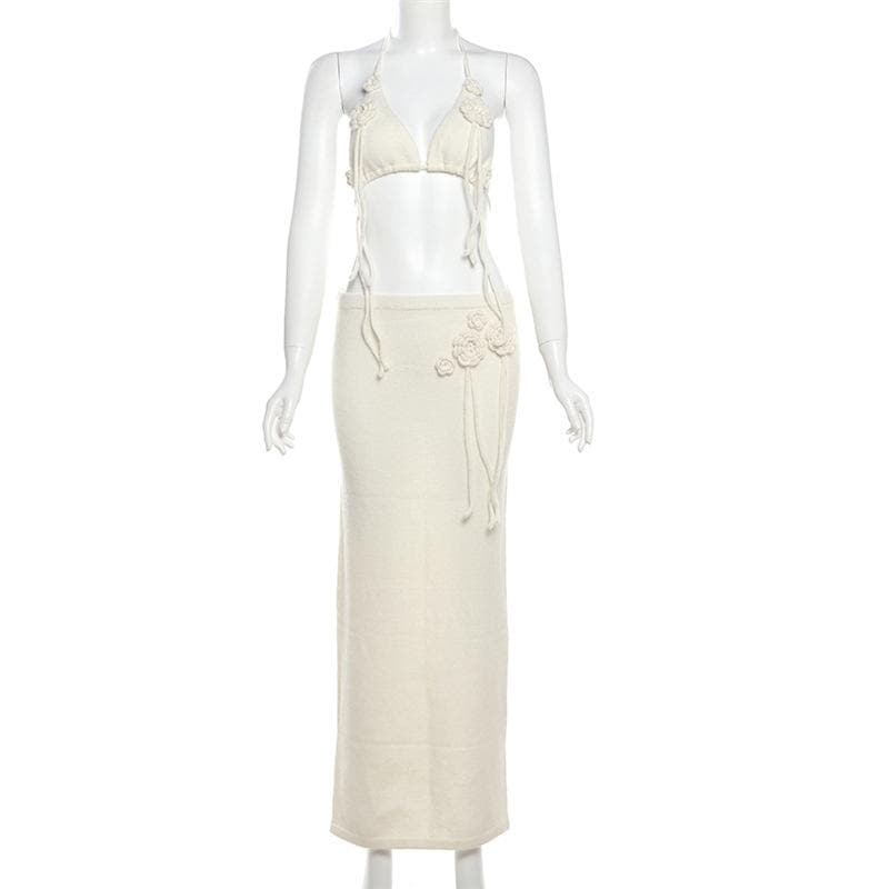 Boho Bloom Knit Halter Crop Top & Maxi Skirt Set - Cream Floral Two-Piece for Fall & Winter Getaways