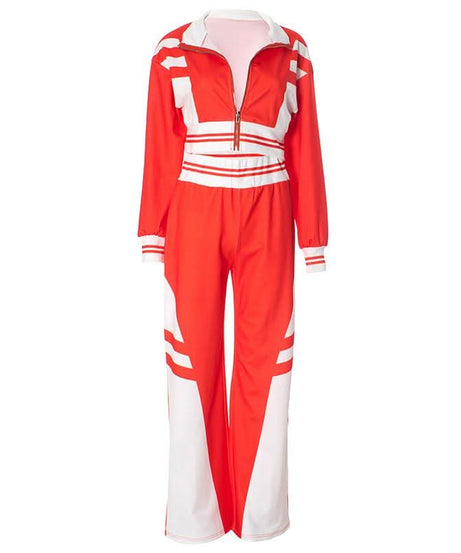 Women's Fall Athleisure Black & White Tracksuit Set | Zip-Up Crop Jacket & Wide Leg Pants