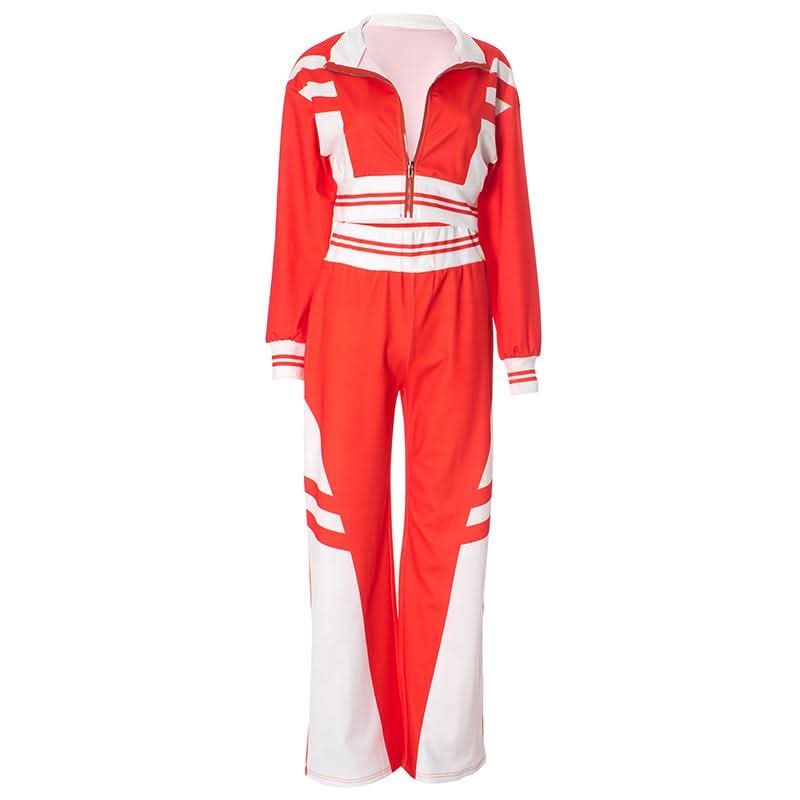 Women's Fall Athleisure Black & White Tracksuit Set | Zip-Up Crop Jacket & Wide Leg Pants