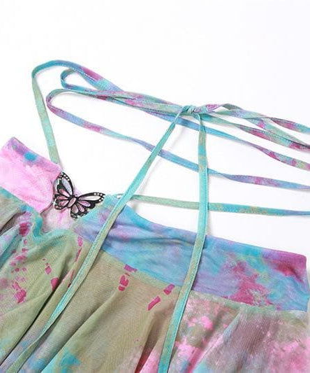 Enchanted Fairycore Tie-Dye Mini Skirt Set - Butterfly Halter Top & Flared Sleeves for Halloween & Rave Parties