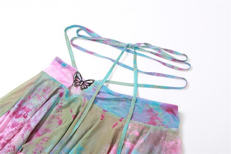 Enchanted Fairycore Tie-Dye Mini Skirt Set - Butterfly Halter Top & Flared Sleeves for Halloween & Rave Parties