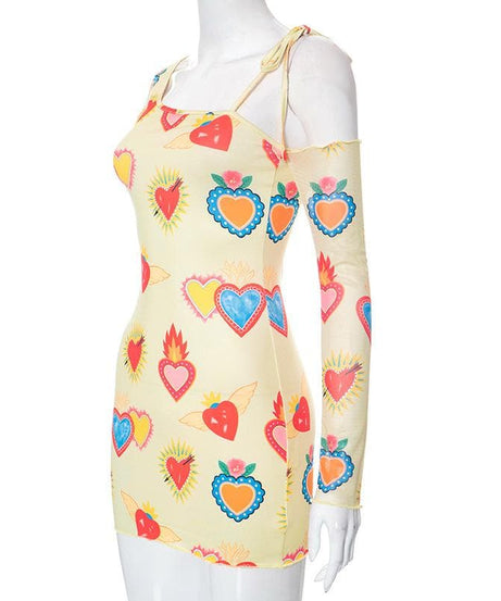 Vibrant Sacred Heart Mesh Mini Dress - Asymmetrical Long Sleeve | Fall Statement