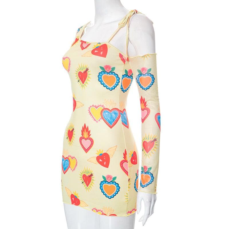 Vibrant Sacred Heart Mesh Mini Dress - Asymmetrical Long Sleeve | Fall Statement