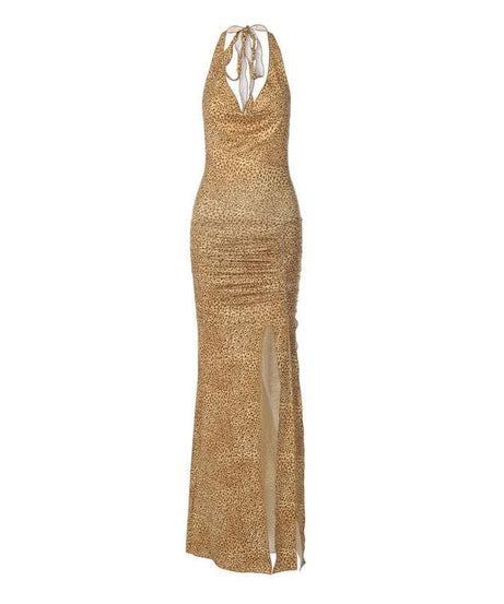 Fall Glam Alert: Leopard Print Halter Maxi Dress | Cowl Neck, High Slit & Ruched Detail