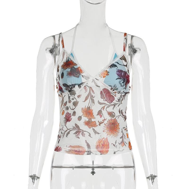 Y2K Romantic Floral Mesh Halter Top with Lace Trim - Autumn Bloom Sheer Cami