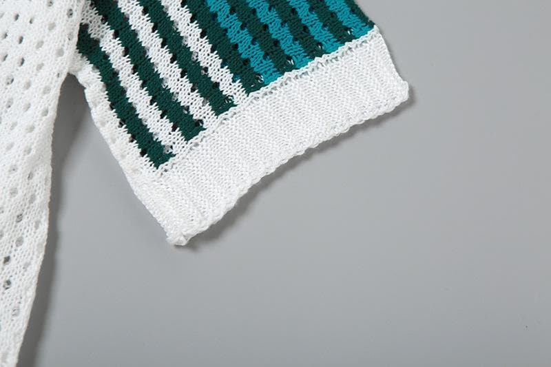 Cozy Knit Polo Top & Shorts Set - Effortless Green & White Fall Loungewear