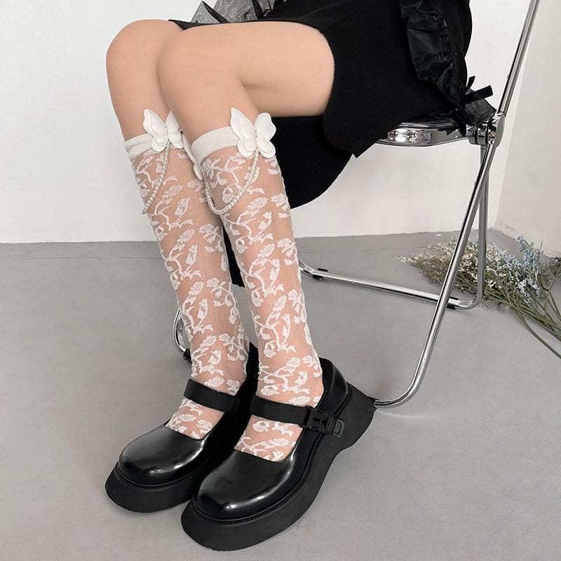Whimsigoth Luxe Pearl Chain Sheer Knee-High Socks - Fall & Halloween Ready