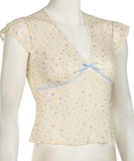 Dainty Coquette Floral V-Neck Top | Romantic Lace Trim & Bow Cap Sleeve Blouse