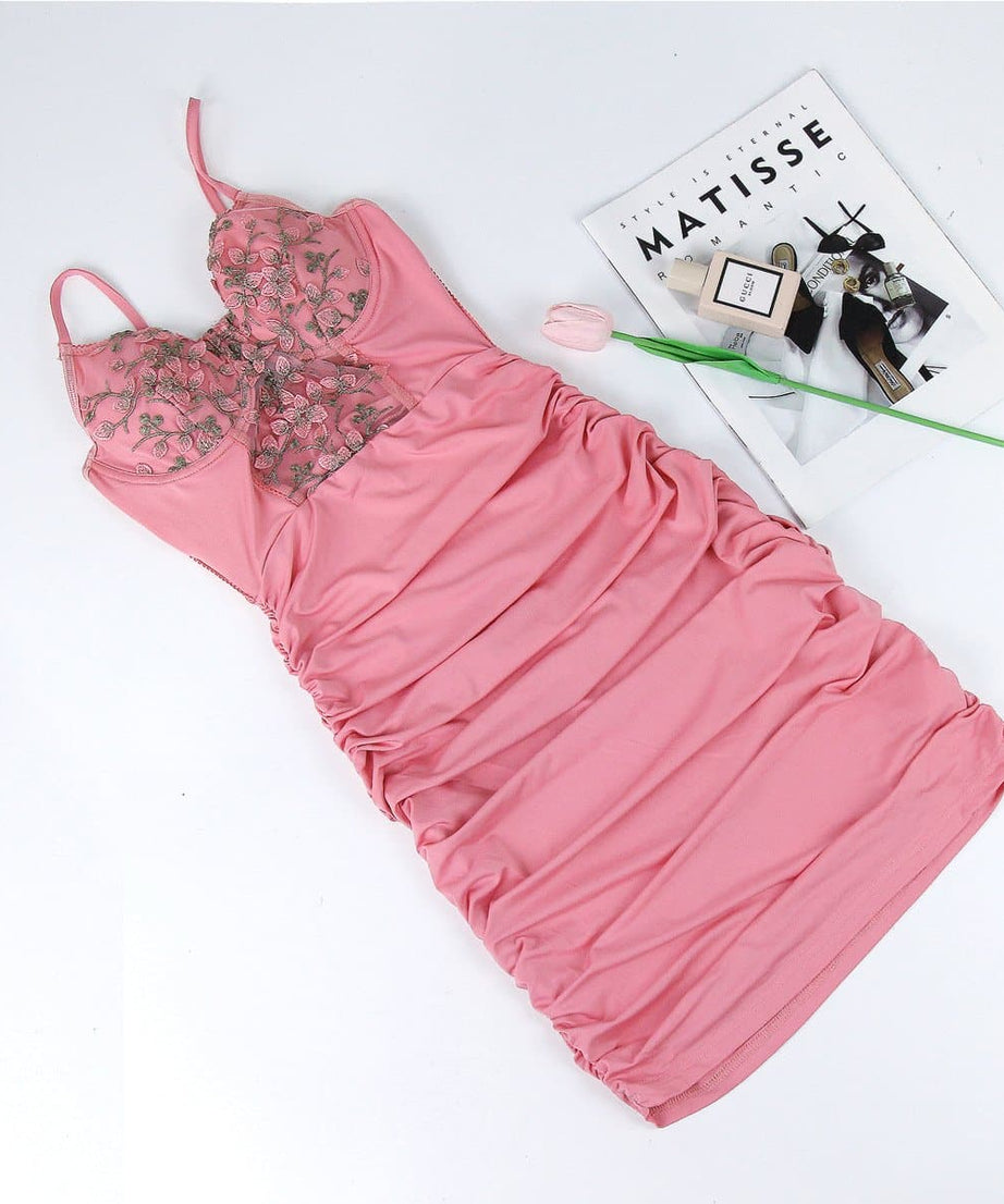 Enchanting Pink Floral Embroidered Ruched Mini Dress - Perfect for Holiday Parties & Resort Getaways