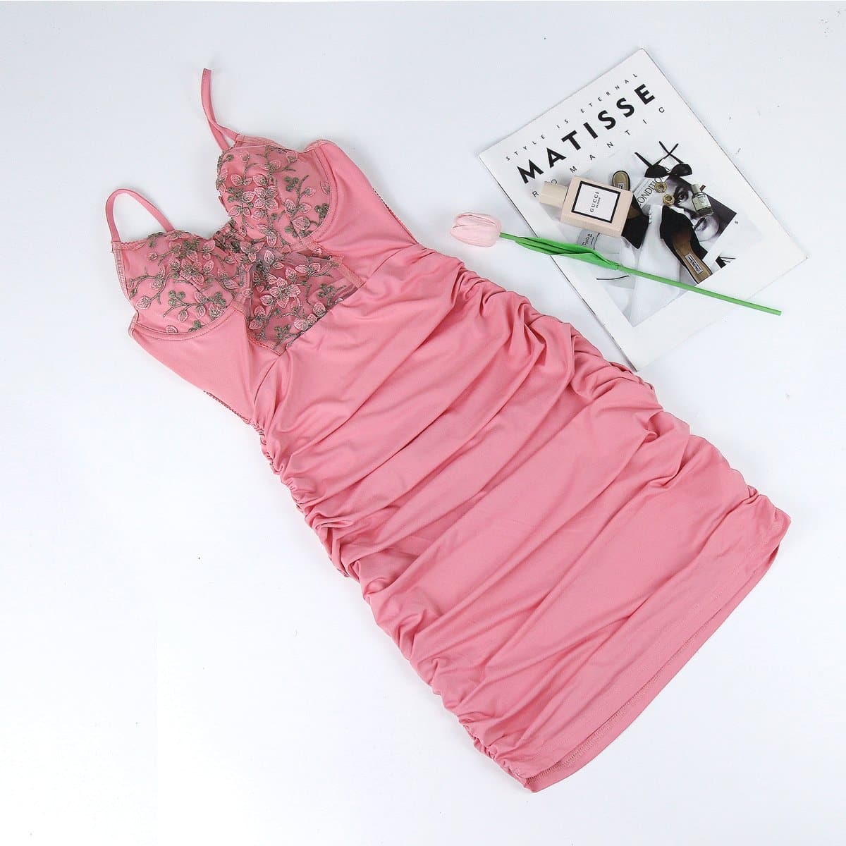 Enchanting Pink Floral Embroidered Ruched Mini Dress - Perfect for Holiday Parties & Resort Getaways