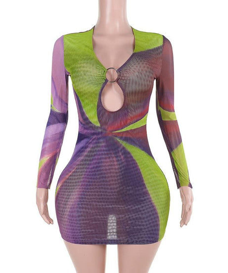 Sultry Plum & Olive Abstract Mesh Mini Dress with O-Ring Cutout | Fall Night Out