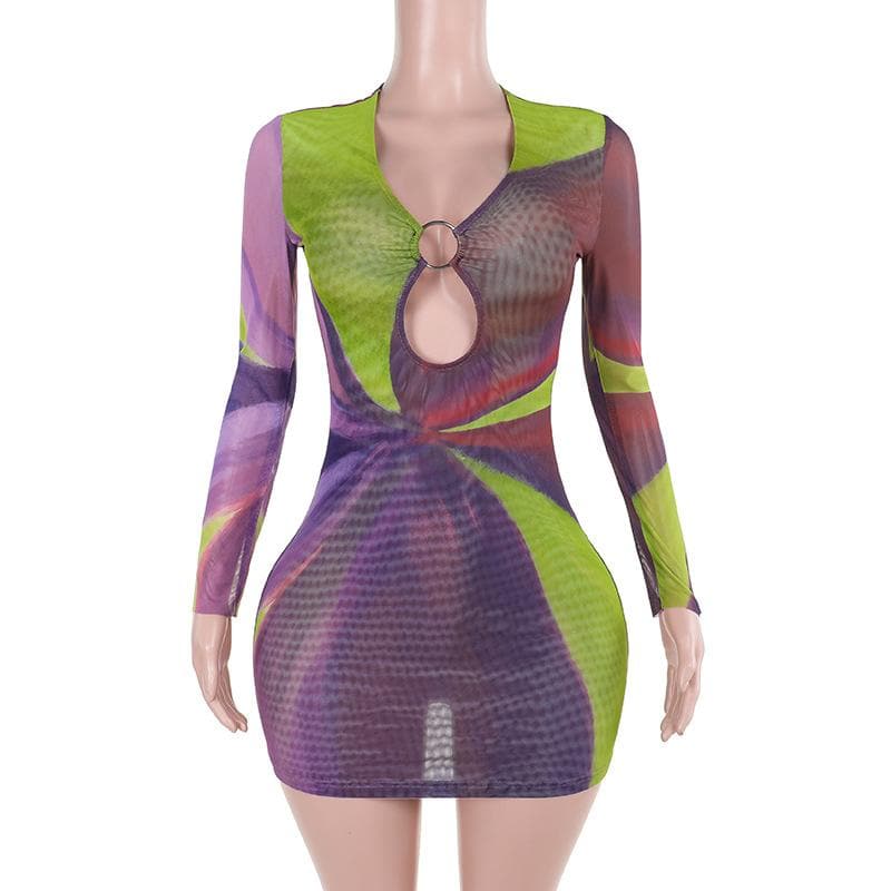 Sultry Plum & Olive Abstract Mesh Mini Dress with O-Ring Cutout | Fall Night Out