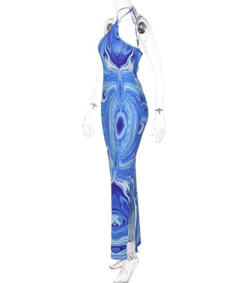 Effortless Chic Blue Marble Swirl Halter Maxi Dress – Your Go-To for Vacations & Glam Getaways