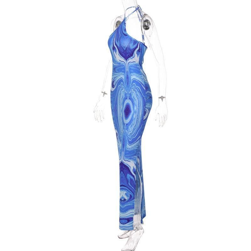 Effortless Chic Blue Marble Swirl Halter Maxi Dress – Your Go-To for Vacations & Glam Getaways