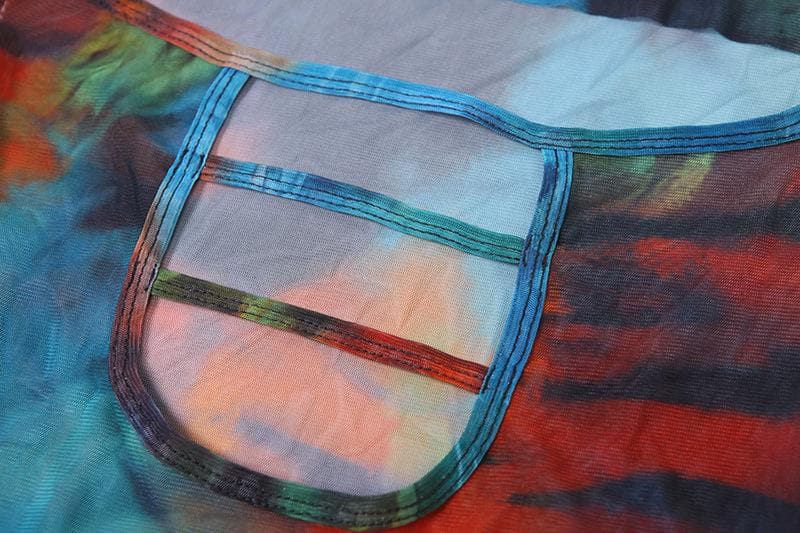 Vibrant Tie-Dye Mesh Maxi Dress – Cowl Neck Halter Backless for Fall Events & Escapes