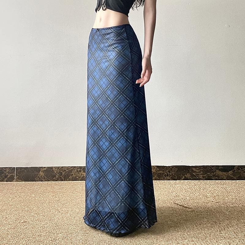 Effortless Blue Floral Mesh Maxi Skirt with Bowknot – Y2K Boho Chic for Fall & Holidays