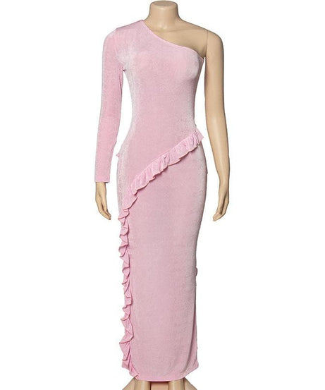 Elegant Lilac One-Shoulder Ruffle Maxi Dress - Fall Event & Holiday Party Ready