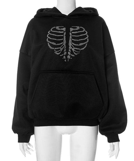 Spooky Chic Rhinestone Rib Cage Heart Hoodie - Cozy Oversized Fall & Halloween Fashion