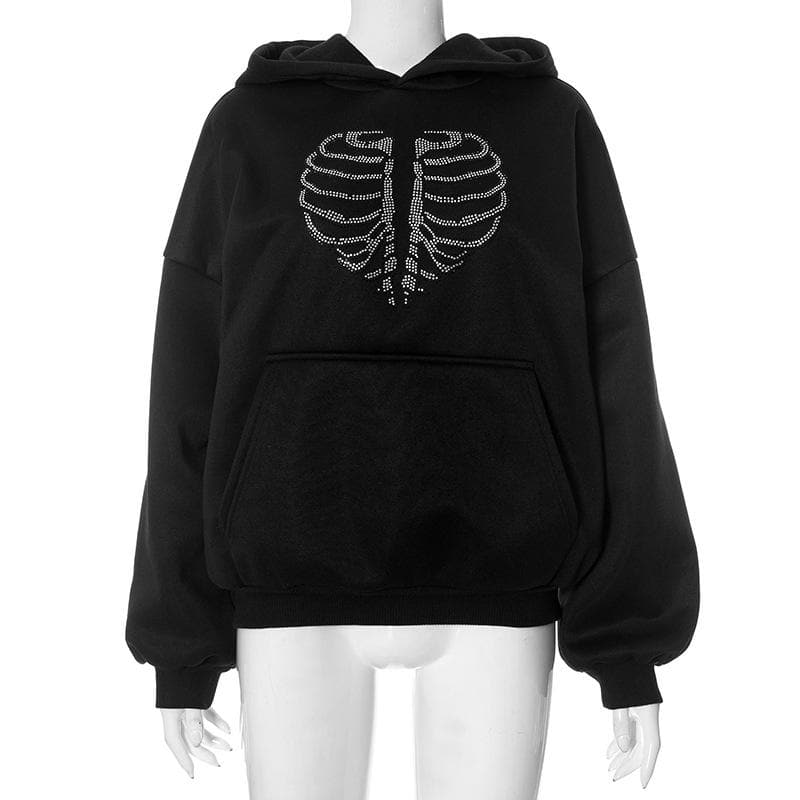 Spooky Chic Rhinestone Rib Cage Heart Hoodie - Cozy Oversized Fall & Halloween Fashion