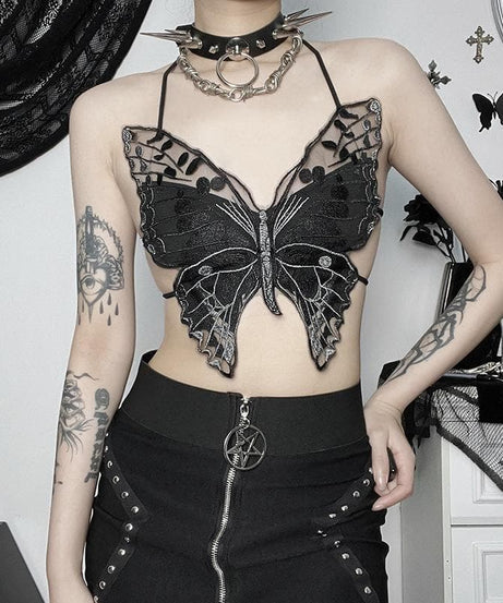 Whimsigoth Embroidered Butterfly Halter Crop Top - Y2K Backless Party & Halloween Ready
