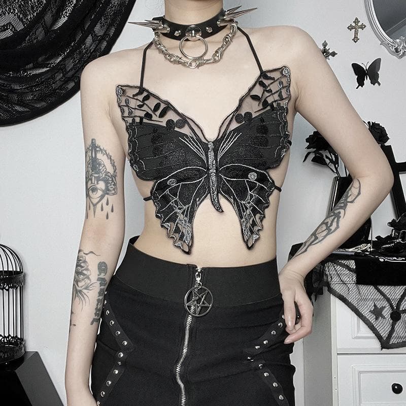 Whimsigoth Embroidered Butterfly Halter Crop Top - Y2K Backless Party & Halloween Ready