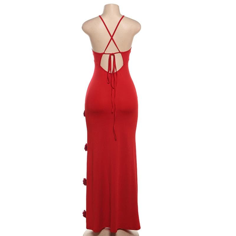Elegant White Rose Applique Maxi Slip Dress - Perfect for Holiday Soirees & Bridal Moments