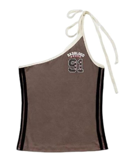 Edgy "BADBLOOD 91" One-Shoulder Graphic Top - Y2K Streetwear Chic for Fall