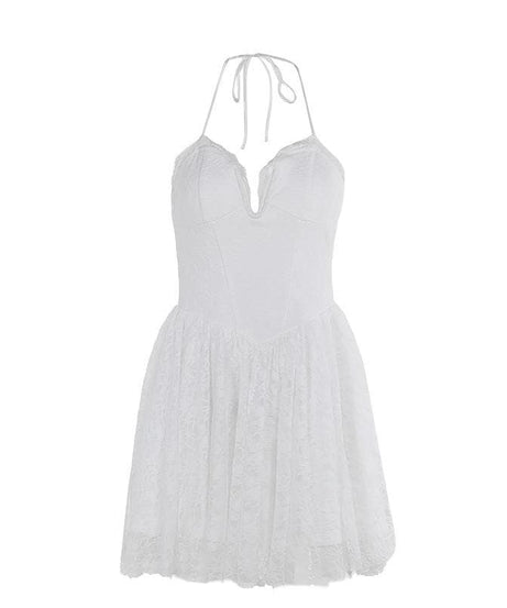Dreamy White Lace Halter Mini Dress | Deep V Neck & Backless | Holiday Party & Resort Ready