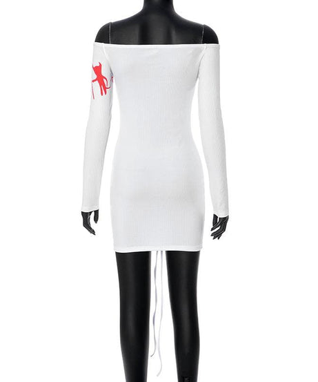 Wicked Temptress Off-Shoulder Ruched Mini Dress - Edgy Devil Print for Halloween & Beyond