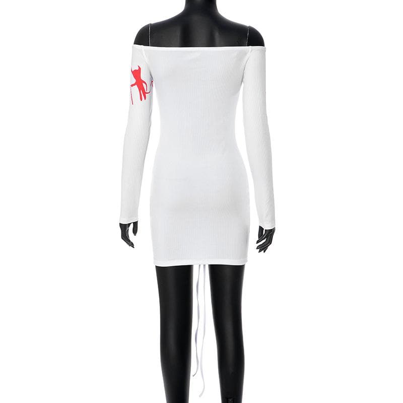 Wicked Temptress Off-Shoulder Ruched Mini Dress - Edgy Devil Print for Halloween & Beyond