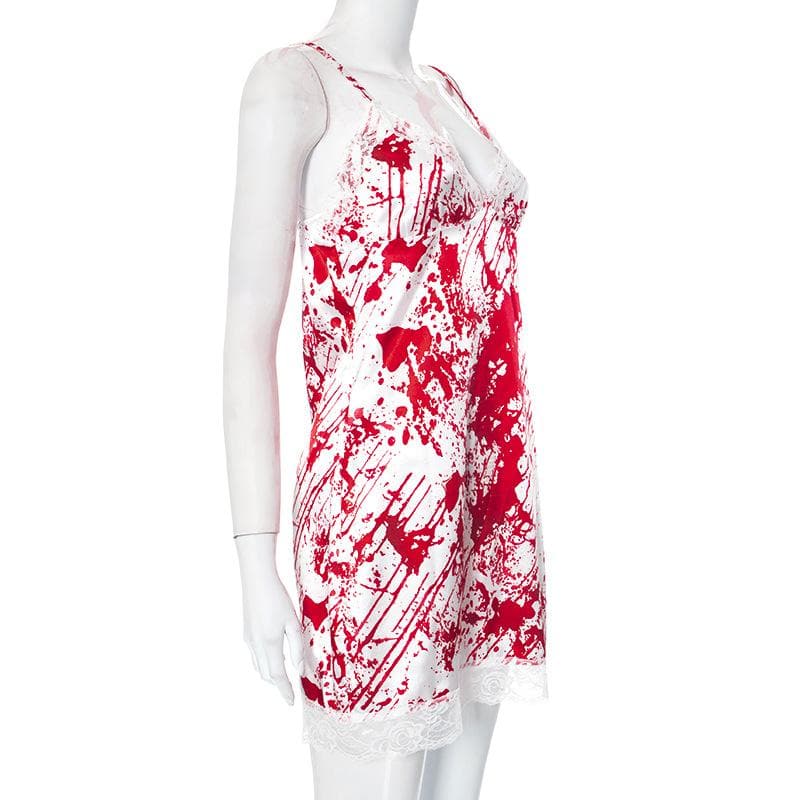 Killer Chic: Women's Blood Splatter Halloween Cami Dress with Lace Trim – Spooky Costume