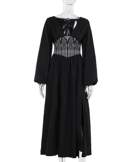 Gothic Cathedral Corset Maxi Dress | Deep V-Neck & Slit - Fall & Halloween Style
