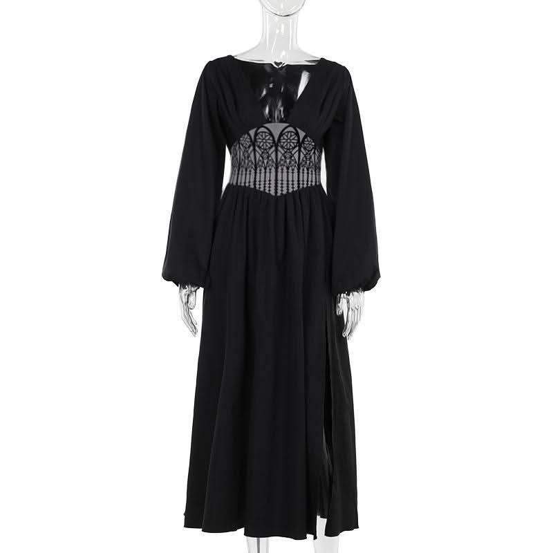 Gothic Cathedral Corset Maxi Dress | Deep V-Neck & Slit - Fall & Halloween Style