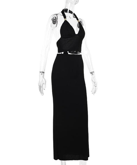 Effortless Elegance: Halter V-Neck Cut-Out Maxi Skirt Set - Your Go-To for Fall Evenings & Holiday Glam
