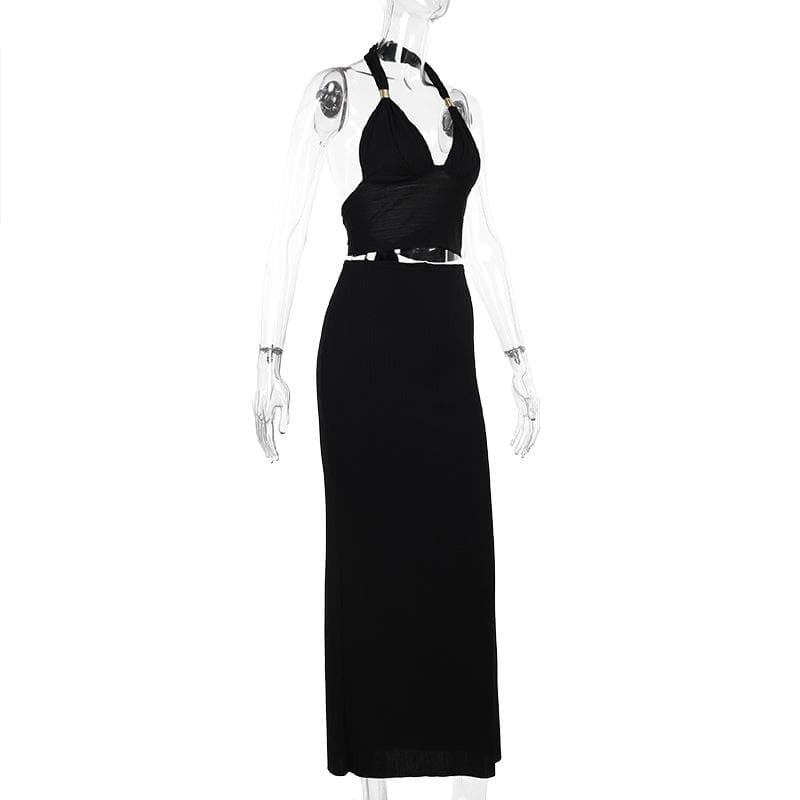 Effortless Elegance: Halter V-Neck Cut-Out Maxi Skirt Set - Your Go-To for Fall Evenings & Holiday Glam