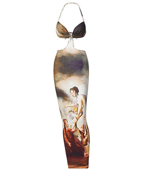 Renaissance Reverie Cut-Out Halter Maxi Dress - Fall Art Print Statement Piece