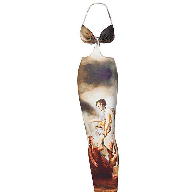 Renaissance Reverie Cut-Out Halter Maxi Dress - Fall Art Print Statement Piece
