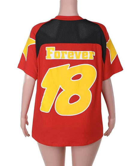 Retro Sporty Red Graphic Tee for Women | Oversized Fall Comfort with Yellow Stars