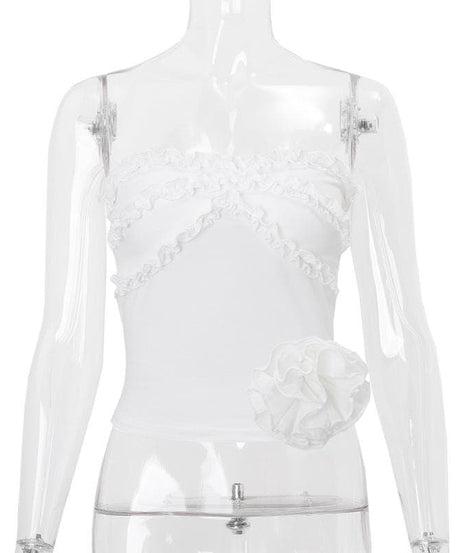 Chic Ruffled Tube Top with 3D Floral Appliqué - Your Versatile Fall & Holiday Style Essential